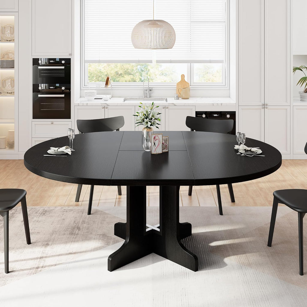 iPormis 59" Extendable Round Dining Table for 4-6, Modern Kitchen Table with Heavy Duty Pedestal Base & Wooden Top, Oval Dinner Table, Dining Room for Dining Living Room, Easy Assembly, Black