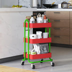 Metal Rolling Cart,3-Tier Metal Rolling Cart with Wheels,3 Tier Utility Cart with Wheels for Office,Home,Kitchen,Garden（13.4"x18.1"x31"） Red+Green