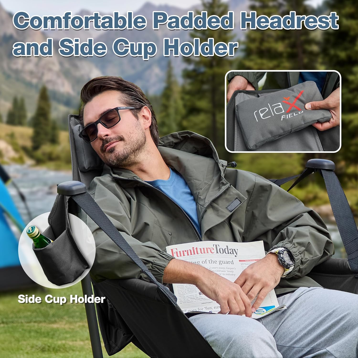 Hammock Camping Chair with Adjustable Backrest, 350LBS Heavy Duty Oversized Swinging Chair Portable Folding Rocking Chair with Pillow Cup Holder for Outdoor Beach Camping Patio, Black