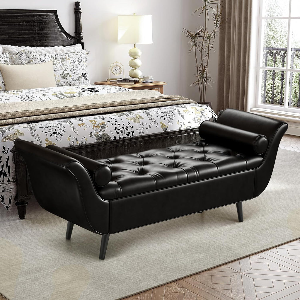 Storage Bench for Bedroom, 65" End of Bed Bench King Size, Faux Leather Tufted Upholstered Window Bench Indoor Foot of Bed Storage Ottoman Long Seating with Arm for Living Room Entryway, Black