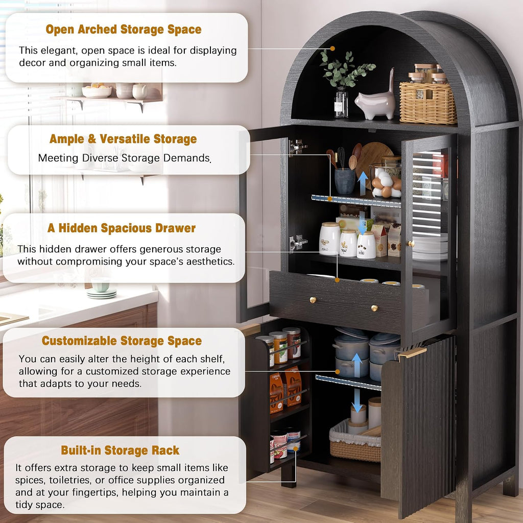71" Fluted Arched Glass Door Cabinet, Tall Display Cabinet with Adjustable Shelves & Hidden Drawer, Soft Close China Hutch for Kitchen, Dining Room, Living Room (Black)