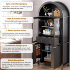 71" Fluted Arched Glass Door Cabinet, Tall Display Cabinet with Adjustable Shelves & Hidden Drawer, Soft Close China Hutch for Kitchen, Dining Room, Living Room (Black)