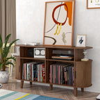 Large Walnut Record Player Stand with Charging Station, Mid-Century Turntable Stand Table, Vinyl Record Player Storage Cabinet for Bedroom, Living Room, Office