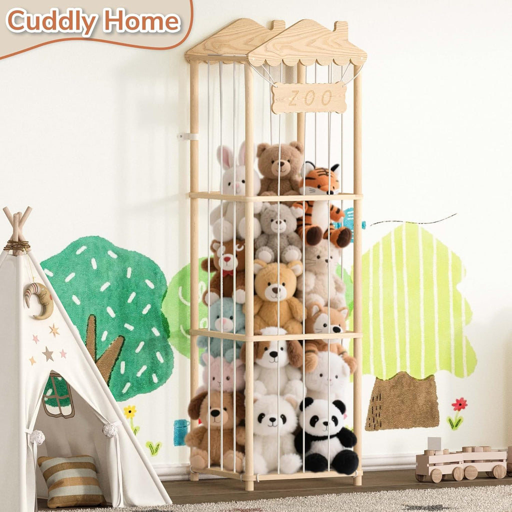AMBIRD Stuffed Animal Storage, Wood Stuffed Animal Zoo Holder, Large Kids Toy Organizers, Plushies Storage for Boys Girls Bedroom, Playroom, Nursery (15.75 x 15.75 x 55 inch)