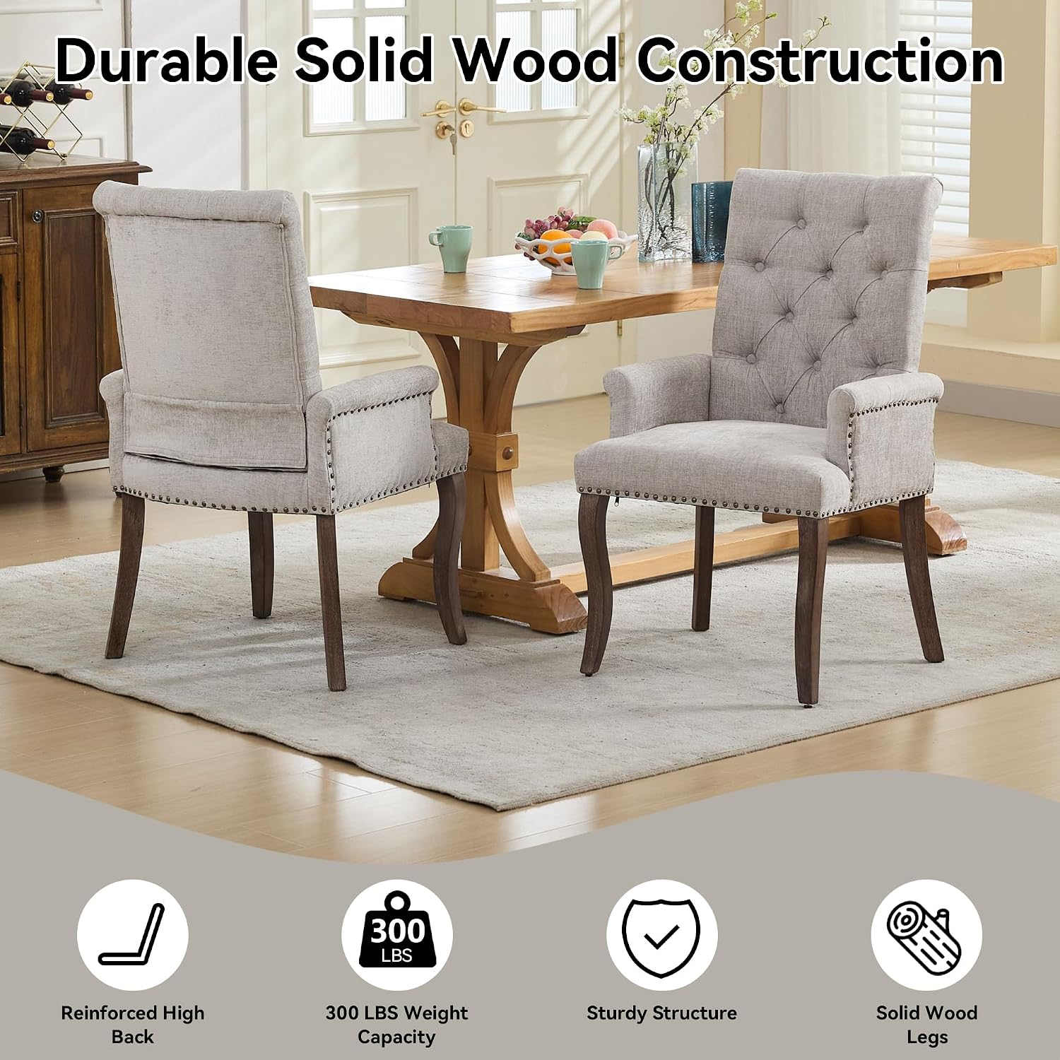Farmhouse Upholstered Dining Chair Set of 2 with Arms & Nailhead Trim, Tufted Chenille Kitchen Chairs with Solid Wood Legs, Accent Chair for Dining Room, Living Room & Bedroom, Beige