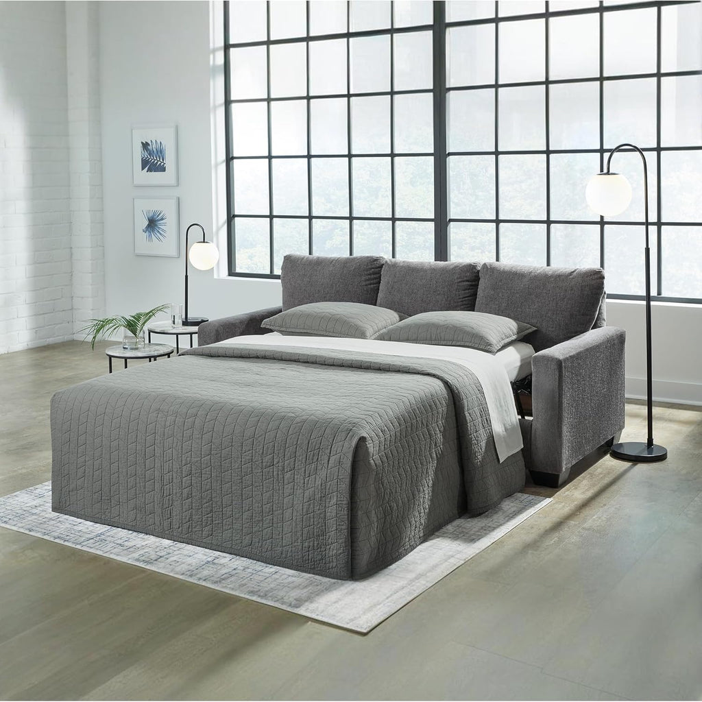 Signature Design by Ashley Rannis Queen Sleeper Sofa, Pewter Pull Out Couch | Pewter gray polyester chenille, Includes 4 in queen memory foam mattress, Space-saving 3-seater profile for living rooms