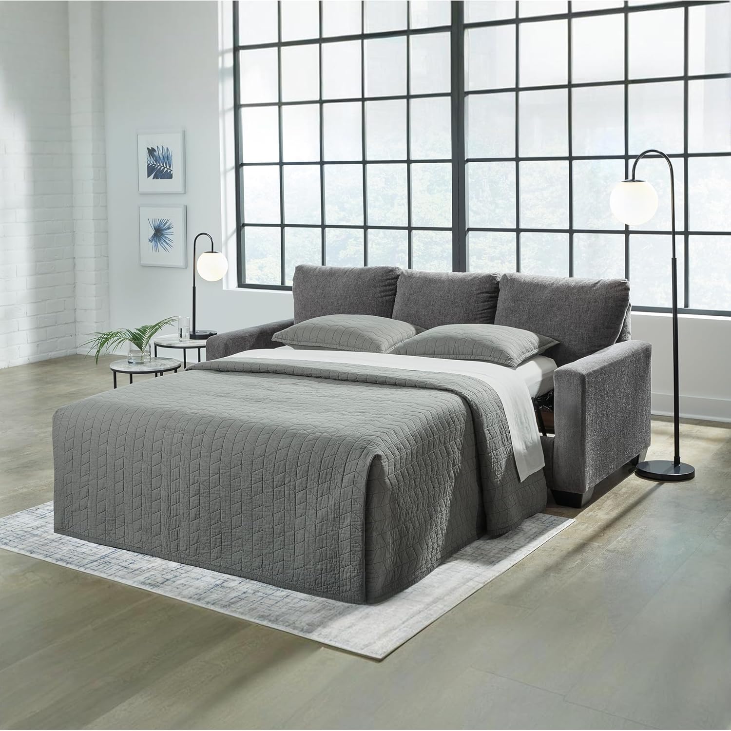 Signature Design by Ashley Rannis Queen Sleeper Sofa, Pewter Pull Out Couch | Pewter gray polyester chenille, Includes 4 in queen memory foam mattress, Space-saving 3-seater profile for living rooms