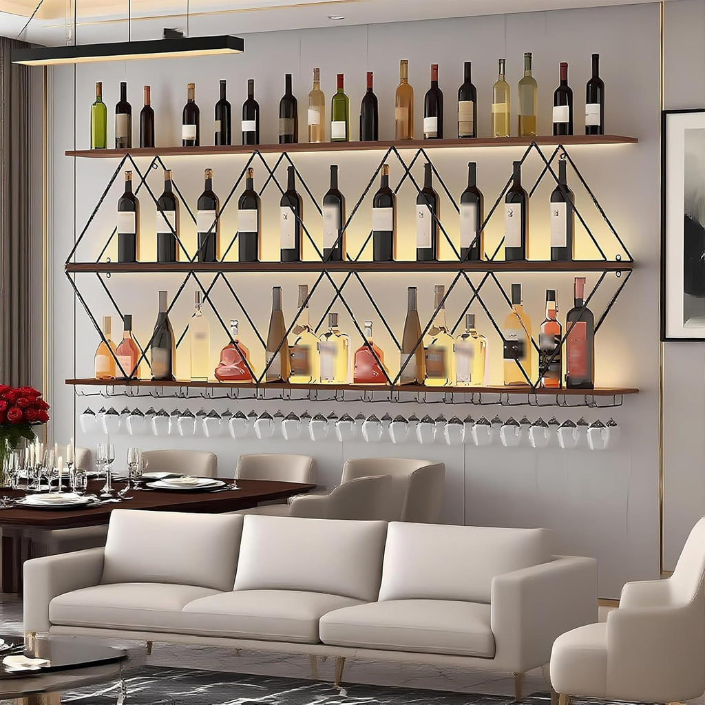 Wood Wine Rack Wall Mounted, Floating Bar Liquor Bottles Storage Rack, 3-Tier Industrial Metal Wine Glass Holder, Wall Wine Shelves for Home Bar, Dining Room (180cm/70.9in)
