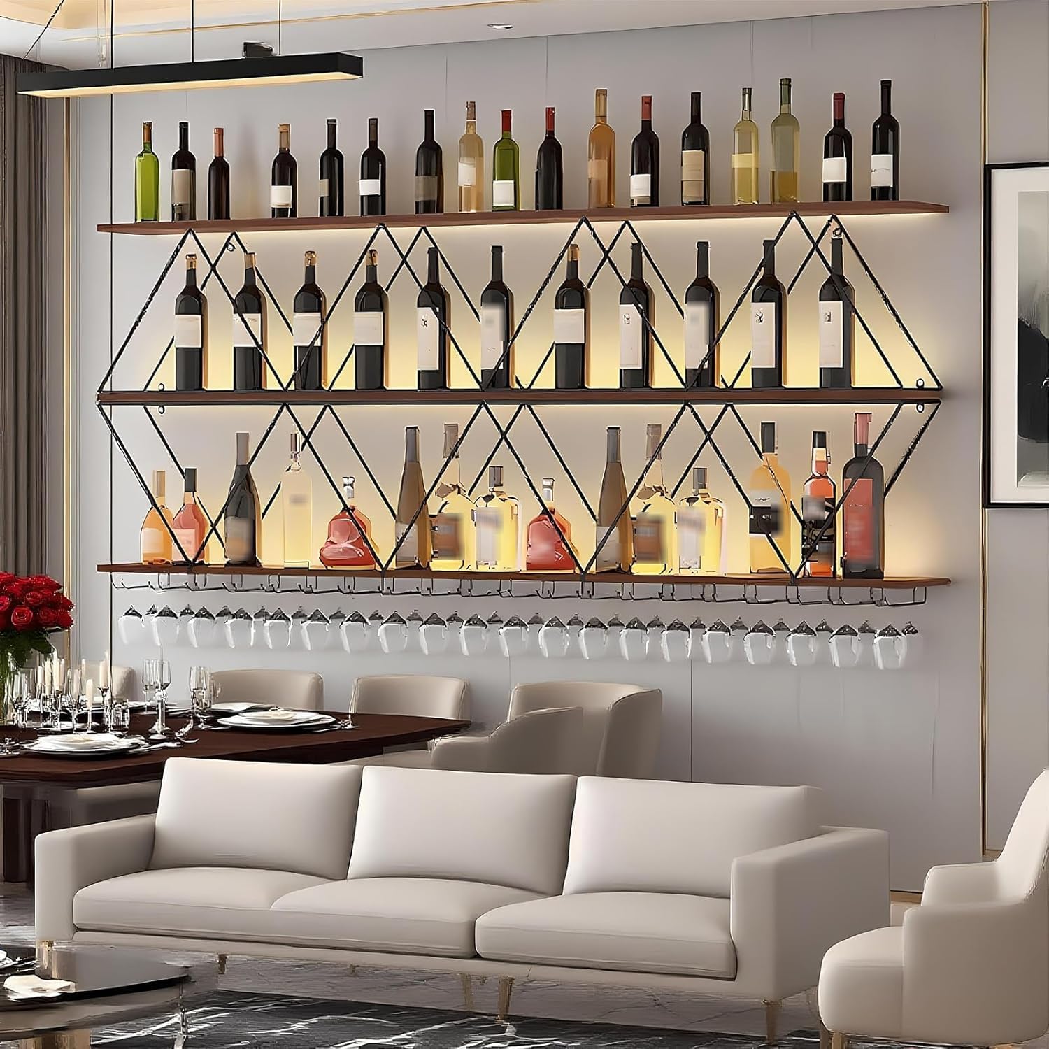 Wood Wine Rack Wall Mounted, Floating Bar Liquor Bottles Storage Rack, 3-Tier Industrial Metal Wine Glass Holder, Wall Wine Shelves for Home Bar, Dining Room (180cm/70.9in)