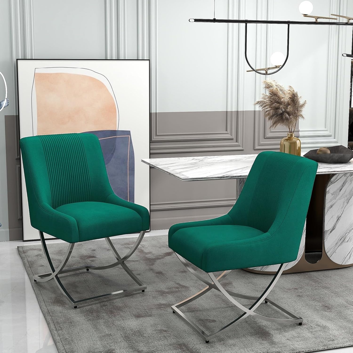 Kitchen Dining Chairs Set of 4,Accent Modern Upholstered Velevt,Contemporary Tufted Metal Chairs with X-Shaped Sliver Legs for Dining Room,Living Room, Reception Room(Dark Green)