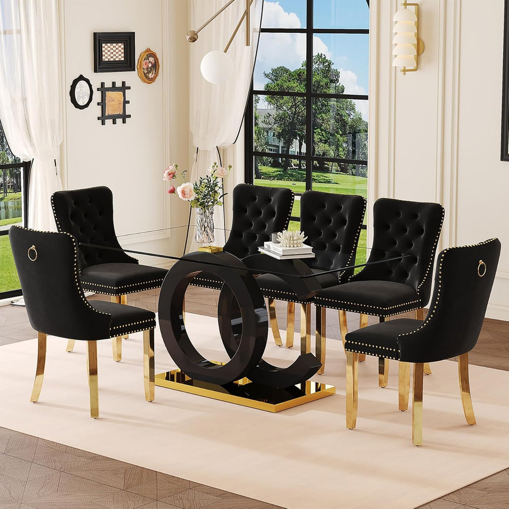 Ebullient Glass Dining Table Set for 6, 63" Modern Kitchen Table with 6 Black Velvet Upholstered Chairs, Tempered Glass Top, Gold Metal Base, 7 Piece Rectangular Dining Room Furniture