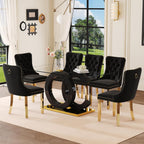 Ebullient Glass Dining Table Set for 6, 63" Modern Kitchen Table with 6 Black Velvet Upholstered Chairs, Tempered Glass Top, Gold Metal Base, 7 Piece Rectangular Dining Room Furniture