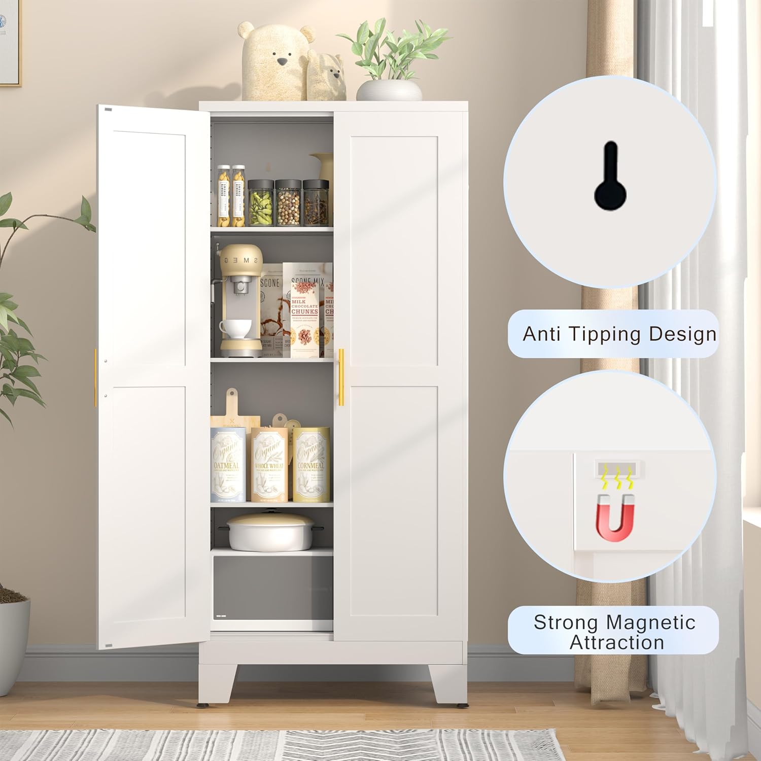 GAIOUS 61.02" Metal Pantry Cabinet, White Kitchen Pantry Storage Cabinets | with Adjustable Shelves and Feet, Pantry Storage Cabinet for Kitchen, Dining Room, Living Room, Bathroom, Linen Craft cabinet