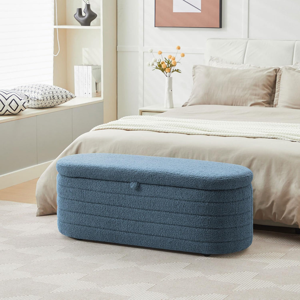 Storage Ottoman Bench End of Bed for Bedroom,45 inch Boucle Upholstered Entryway Shoe Seat Bench w/Storage,Sherpa Modern Padded Blanket Chest Stool Foot Rest for Living Room,Window Seating,Blue
