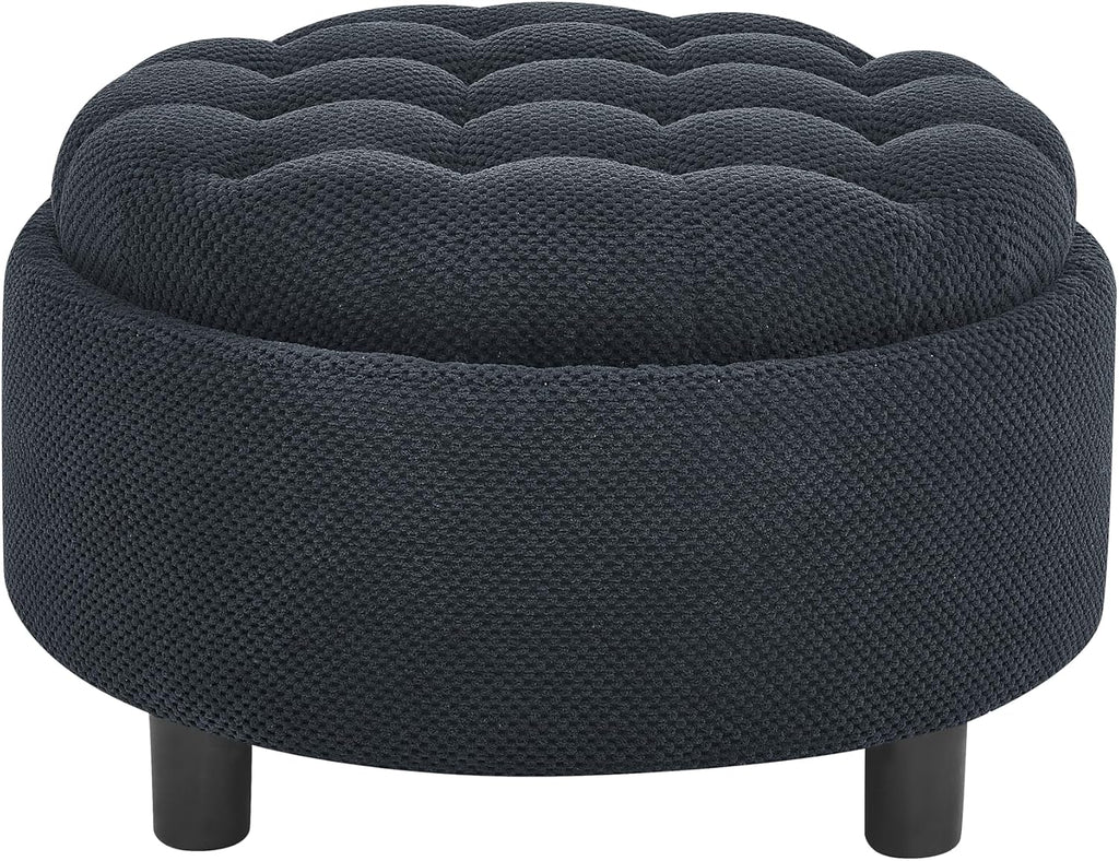 25'' Round Storage Ottoman with Reversible Tray Lid, Tufted Footrest Stool with Hidden Storage, Couch Side Table for Low Tea (Black)