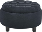 25'' Round Storage Ottoman with Reversible Tray Lid, Tufted Footrest Stool with Hidden Storage, Couch Side Table for Low Tea (Black)