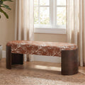 VKNOW 50" Upholstered Ottoman Bench with Botanical Pattern, Oval Entryway Bench with Solid Curved Bentwood Legs, Accent End of Bed Bench for Bedroom, Dining Bench for Dining Room, Living Room, Rust