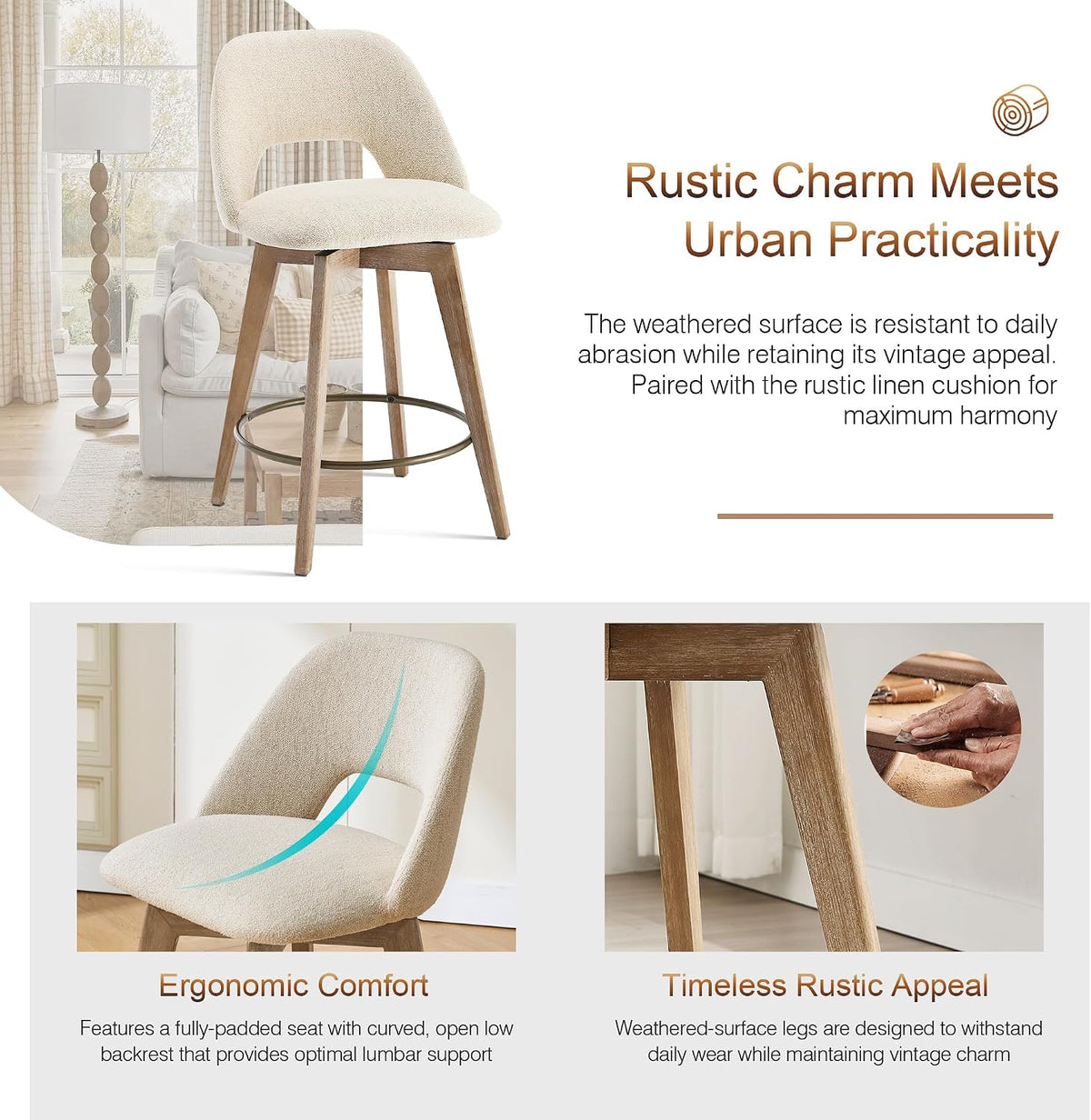 Zesthouse Swivel Bar Stools Set of 2, Wood Counter Height Chairs with Backs | 26" Wooden Bar Stools with Distressed Solid Wood Leg, Upholstered Linen Fabric Barstools, Vintage Kitchen Island Chair, Beige
