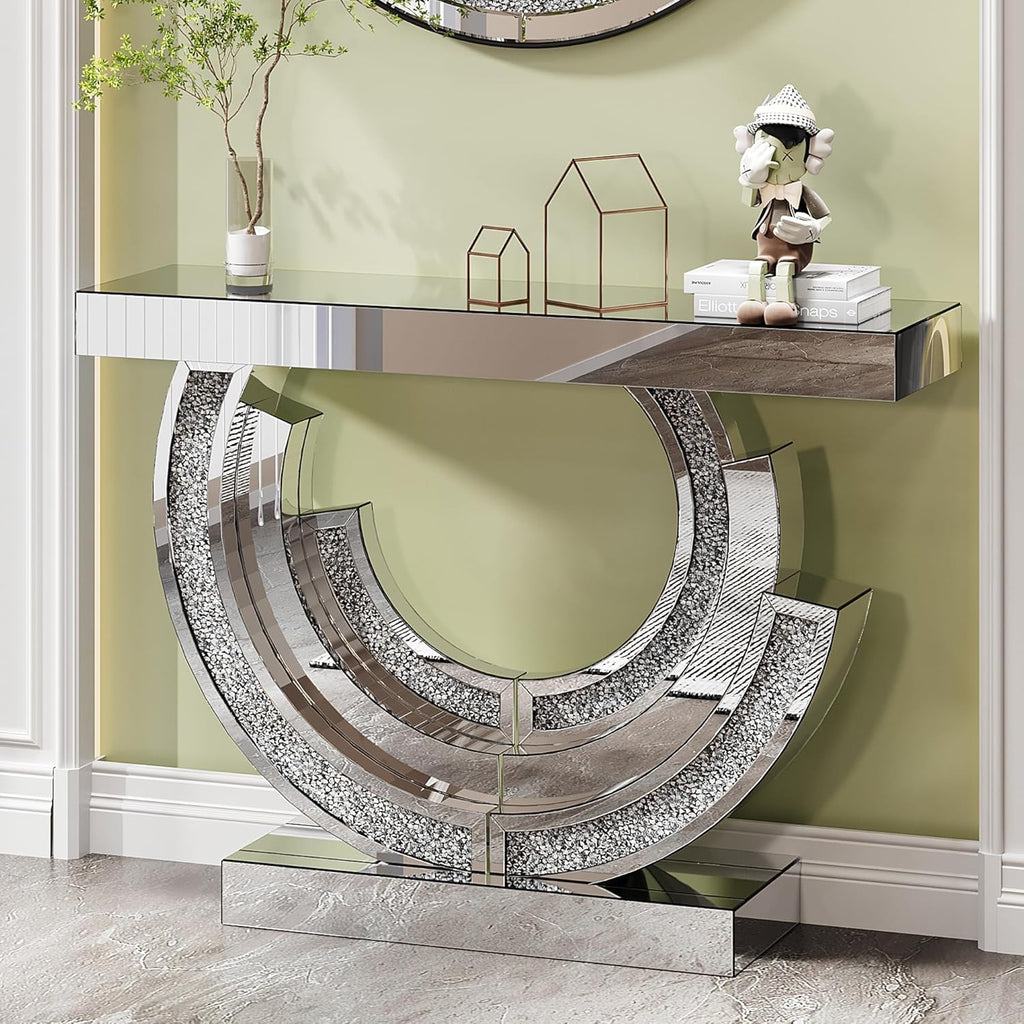 Silver Mirrored Console Table, 43" Modern Entryway Tables with Crushed Diamond lnlay, 3C-Shaped Luxury Mirrored Sofa Table Behind Couch Foyer Hallway Tables for Living Room Entrance