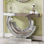 Silver Mirrored Console Table, 43" Modern Entryway Tables with Crushed Diamond lnlay, 3C-Shaped Luxury Mirrored Sofa Table Behind Couch Foyer Hallway Tables for Living Room Entrance