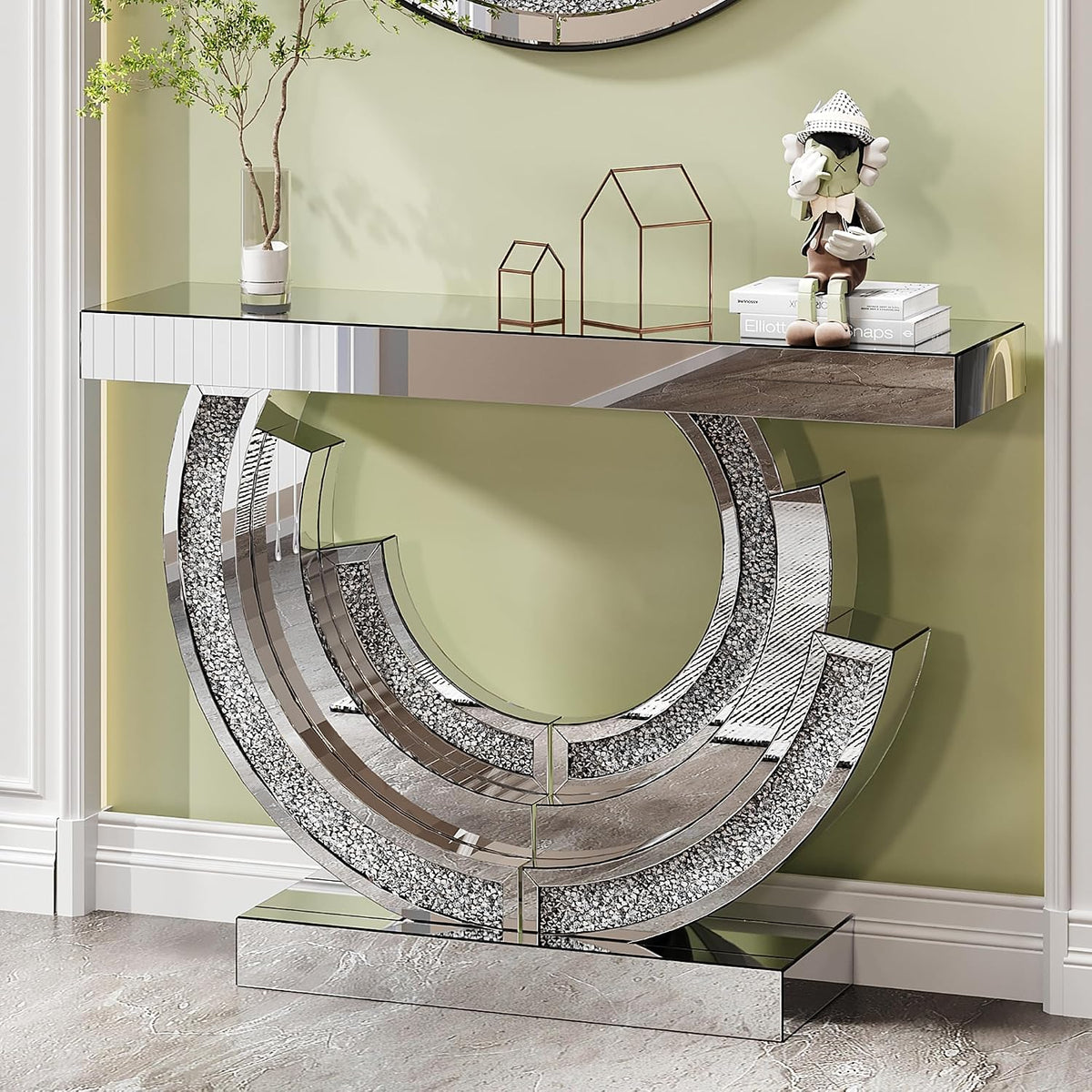 Silver Mirrored Console Table, 43" Modern Entryway Table with Crushed Diamond lnlay, 3C-Shaped Shiny Mirrored Sofa Table Behind Couch Foyer Hallway Tables for Living Room Entrance