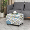 Adeco Colorful Storage Ottoman with Storage, 21" Linen Fabric Ottoman Foot Rest Stool with Hinged Lid with Blue Leaf Pattern, 360 LB Load Capacity, Living Room, Bedroom, Entryway