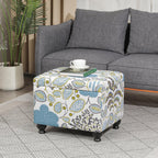 Adeco Colorful Storage Ottoman with Storage, 21" Linen Fabric Ottoman Foot Rest Stool with Hinged Lid with Blue Leaf Pattern, 360 LB Load Capacity, Living Room, Bedroom, Entryway