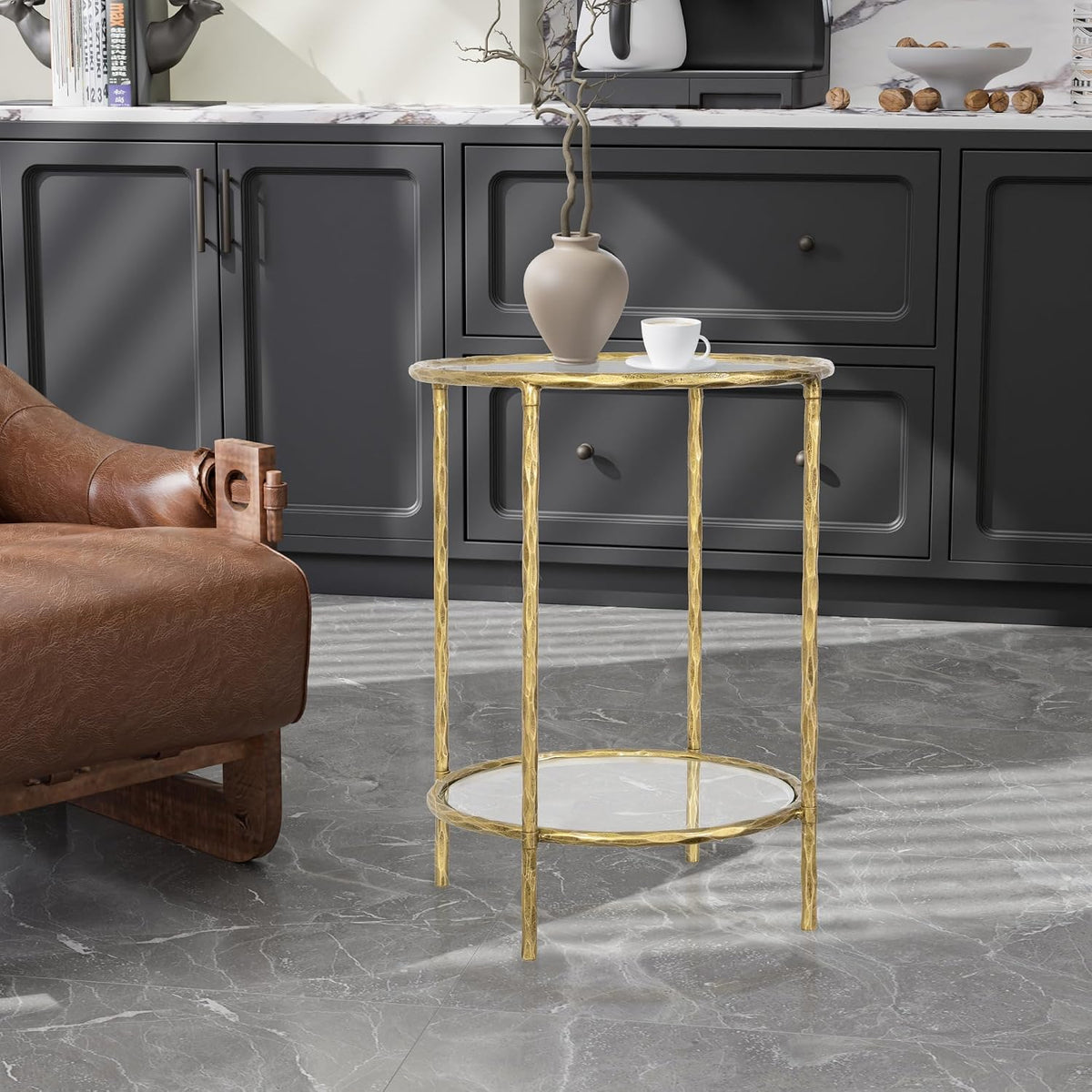 BEGINS Hand Forged Side Table 2 Tier, Vintage End Table Glass Top Coffee Table, Accent Table with Solid Hammered Frame, Suitable for Living Room, Bedroom, Study Room, Entryway (Gold, Circle)