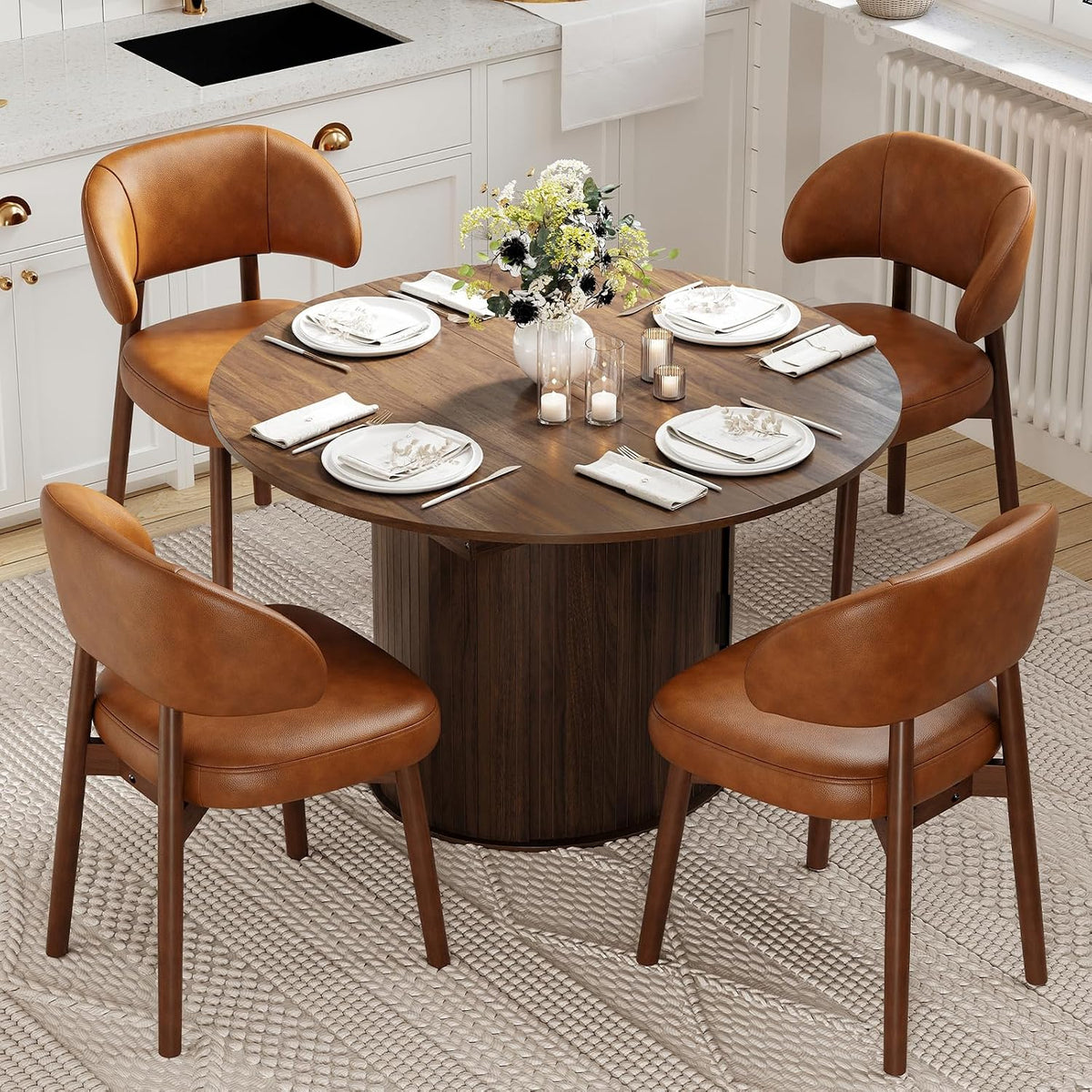 MALOL 47"-63" Extendable Round to Oval Dining Room Table Chairs Set for 4-8, Modern Wooden Kitchen Table and Chairs with Hidden Storage and Fluted Design for Dining Room/Small Space(Walnut and Brown)
