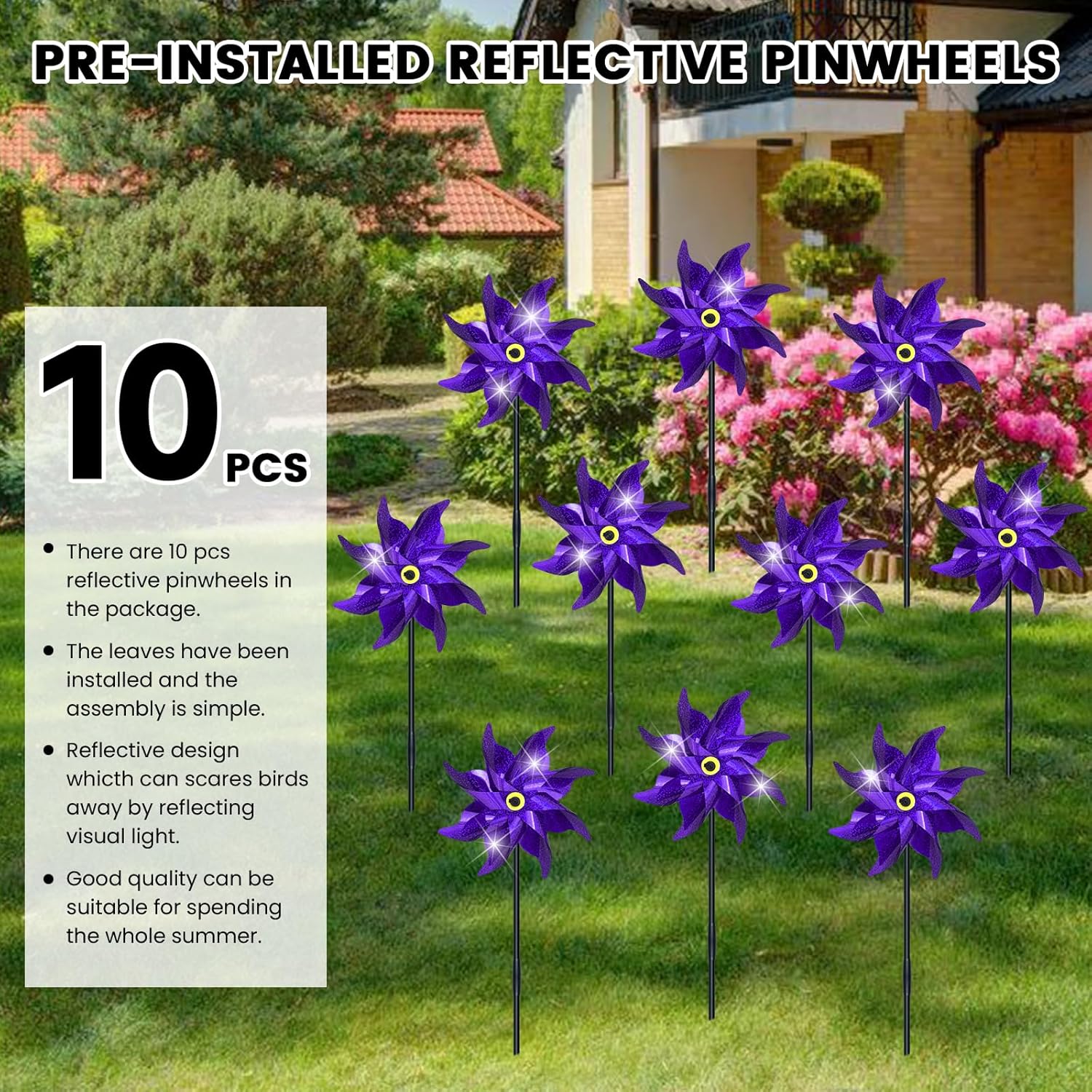 10 PCS Reflective Pinwheels for Yard and Garden Bird Devices Pre-Installed Sparkly Wind Spinner Deterrent to Scare Birds Away from Yard Patio Farm (Purple)