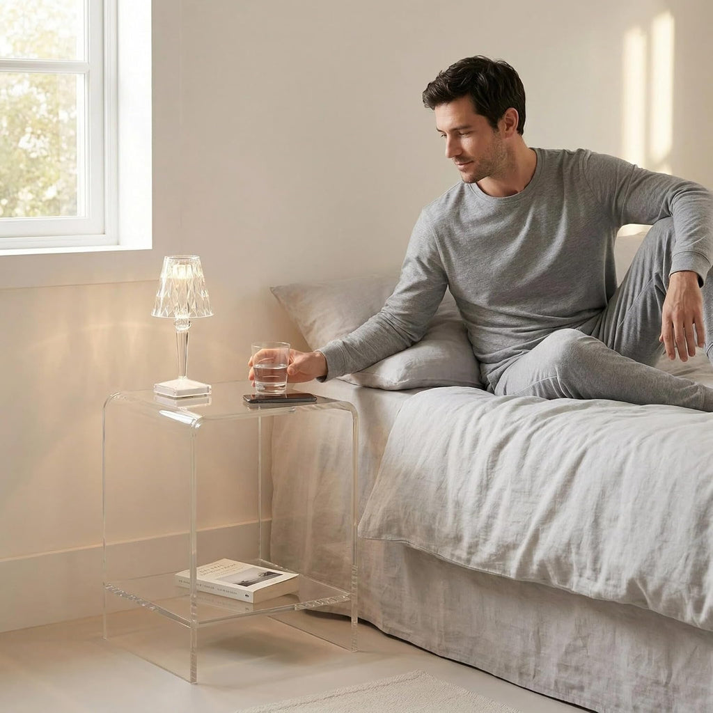Clear Acrylic End Table/Nightstand,22" H Sleek and Durable Bedside Storage. Ideal for Bedrooms, Living Rooms, and Modern Interiors. (2 Tier- Bottom)