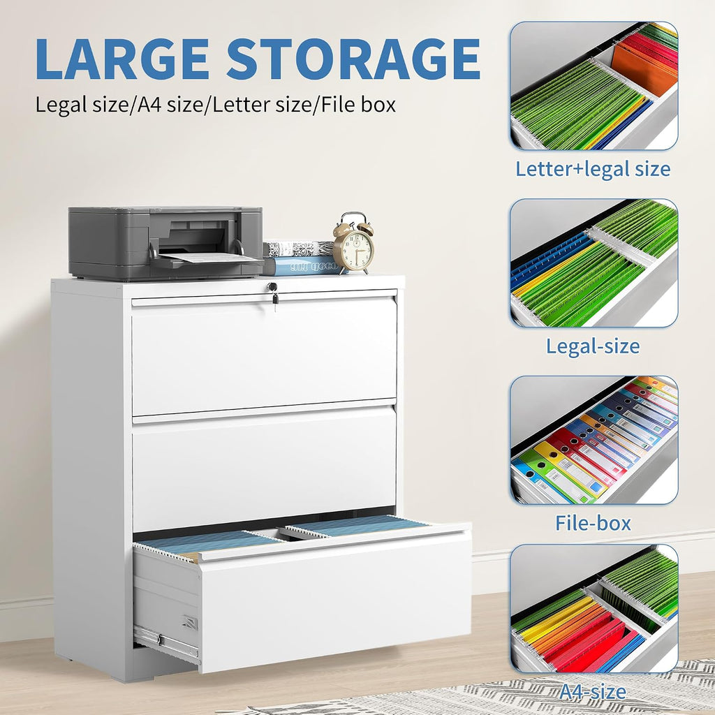 3 Drawer File Cabinet with Lock, Metal Lateral Filing Cabinets | File Cabinets for Home Office Heavy Duty Steel Horizontal Storage Cabinet for Legal/Letter/A4 Size File, Assembly Required
