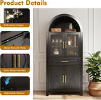 71" Tall Arched Kitchen Pantry with Glass Door, Farmhouse Storage Cabinet with Adjustable Shelves & Barn Door for Kitchen, Living Room, Dining Room, Black