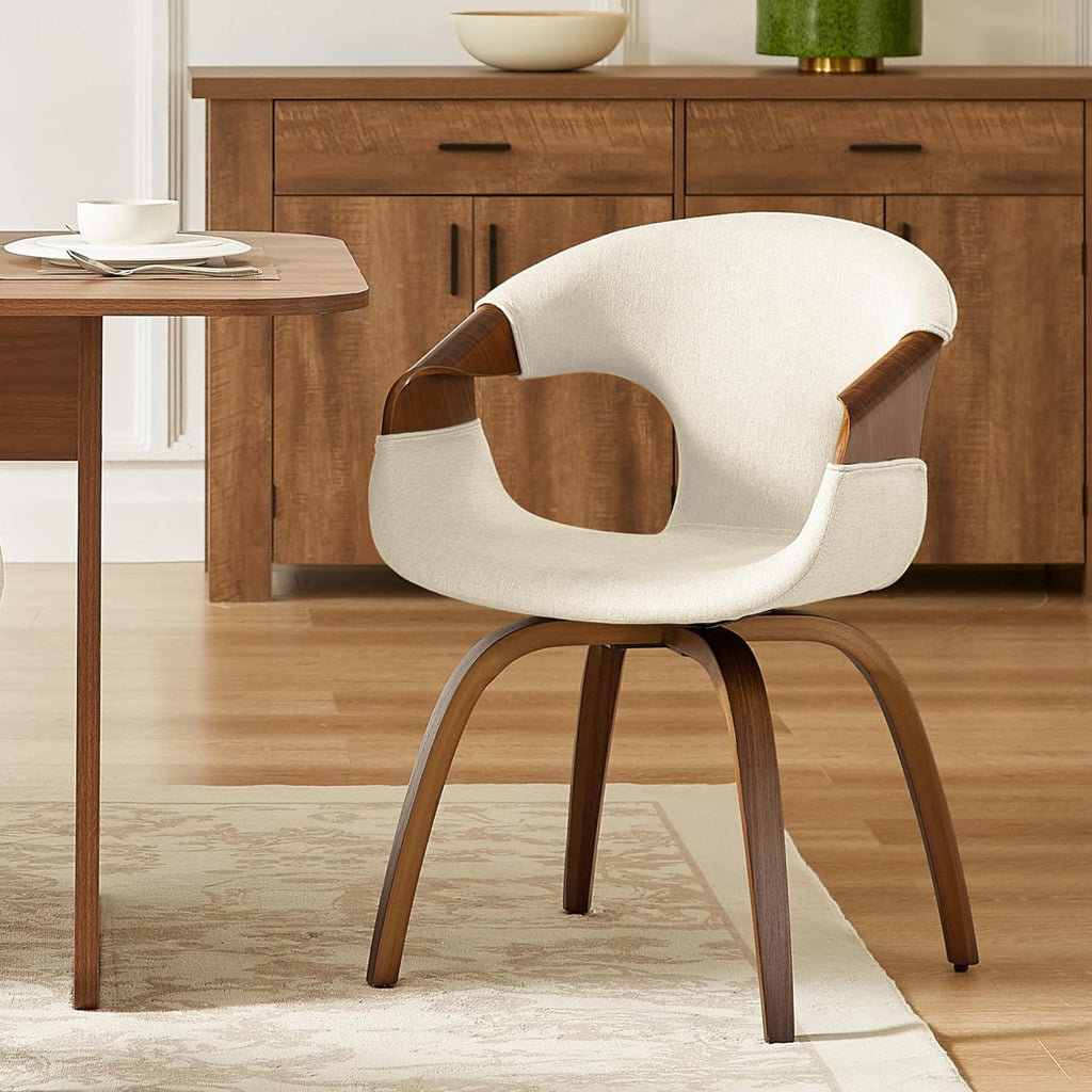 Zouron Mid-Century Swivel Dining Chair, Fabric Upholstered Accent Chairs with Bentwood Arms & Legs, Padded Armchair with Backrest for Kitchen, Dining Room, Living Room, Beige