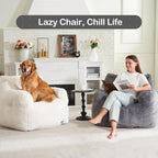 Hobestluk Furry Bean Bag Chair with Arms, Foam Filler for Adult, Grey | Soft Faux Fur Cover, High-Density Resilient Foam, Wide Backrest & Arm-rest, Carrying Handle, Fits Small Spaces, No Assembly