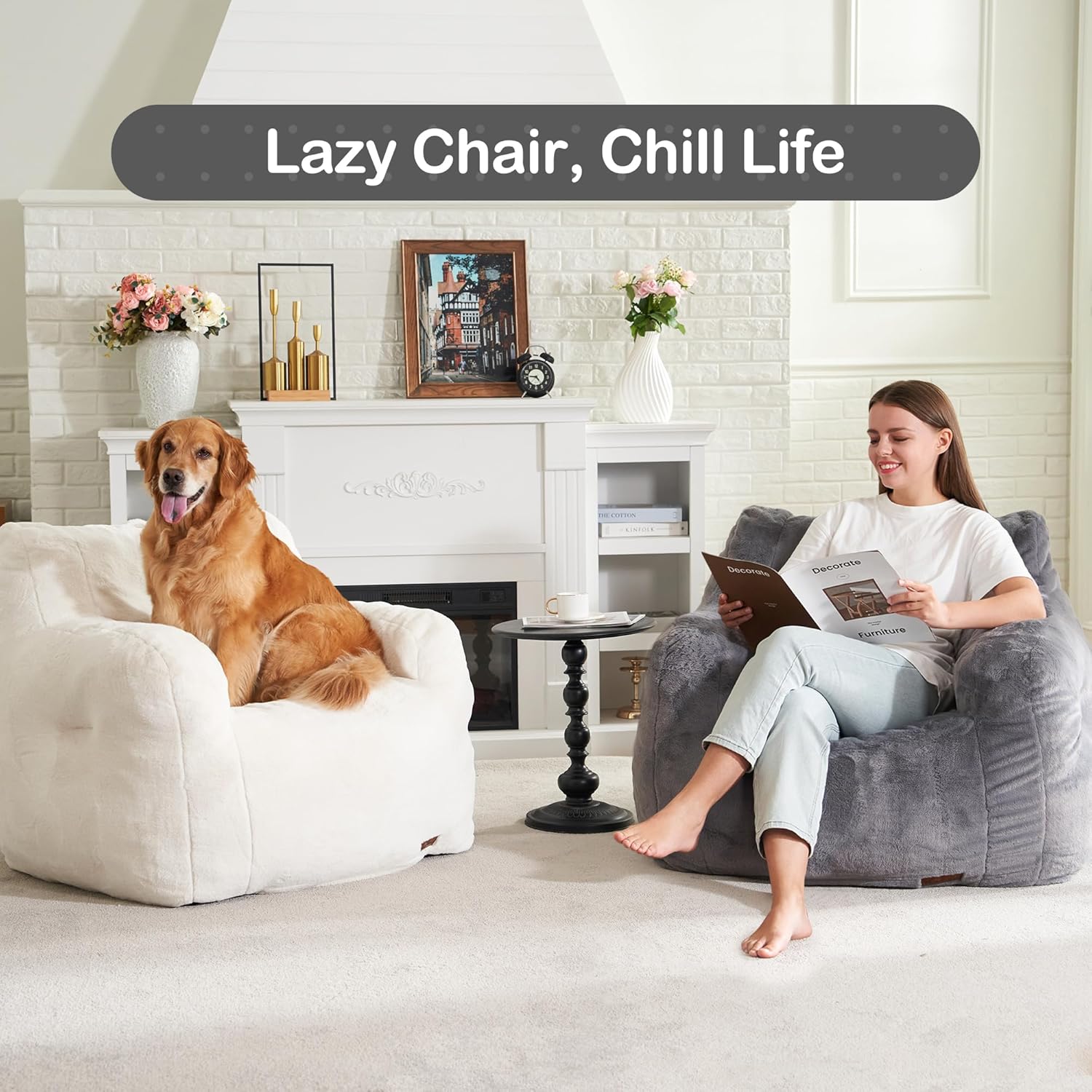 Hobestluk Furry Bean Bag Chair with Arms, Foam Filler for Adult, Grey | Soft Faux Fur Cover, High-Density Resilient Foam, Wide Backrest & Arm-rest, Carrying Handle, Fits Small Spaces, No Assembly