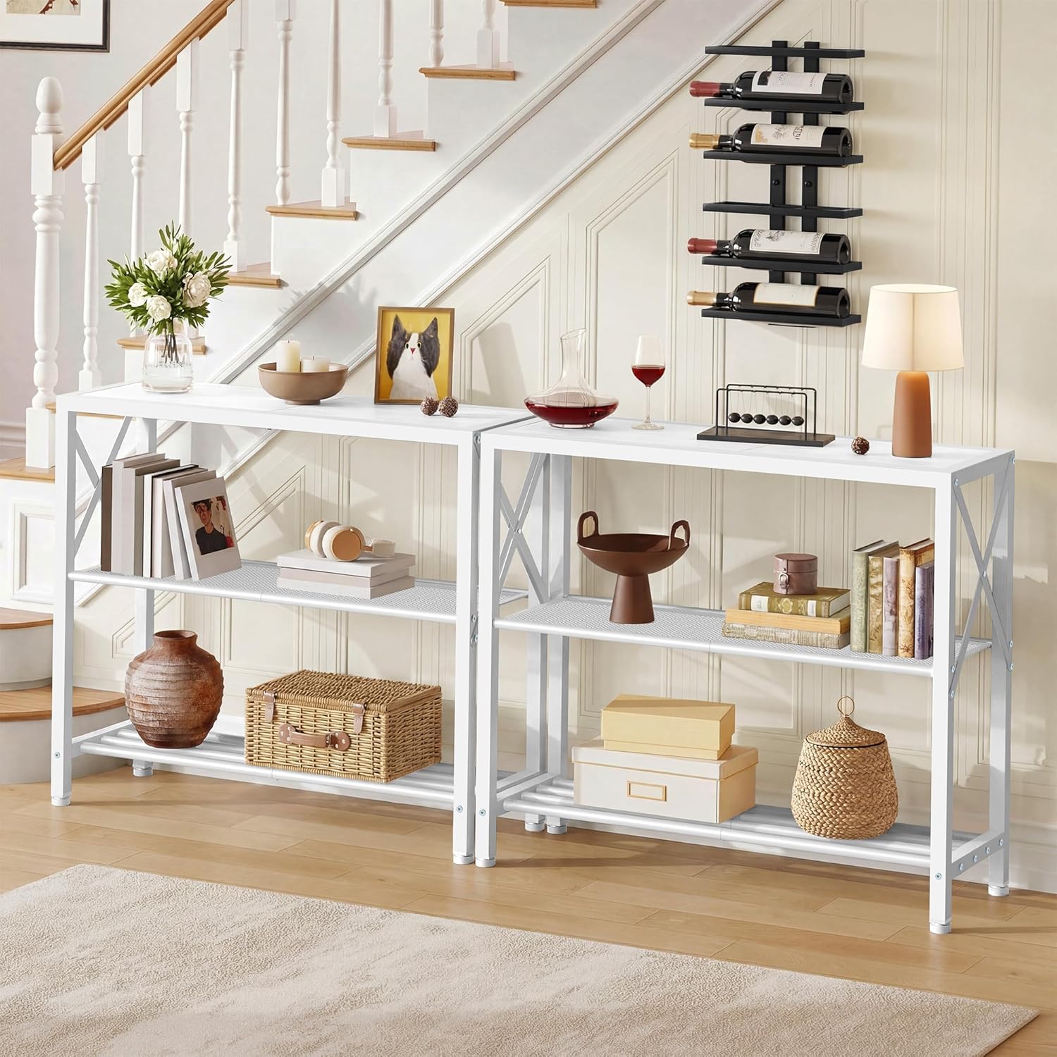 Hoctieon Industrial Console Table, 3 Tier Entryway Table, Metal Frame, Sofa Table with Shelf, Hallway Table, Entrance Table for Entryway, Living Room, Foyer, Hallway, White