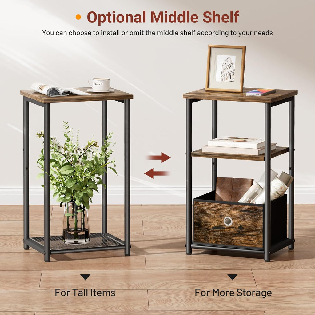 KIMBORA 3 Tier Small Side Table with Storage Basket, Living Room End Tables for Small Space, Bedside Nightstand for Bedroom, Sofa Couch, Rustic Brown and Classic Black