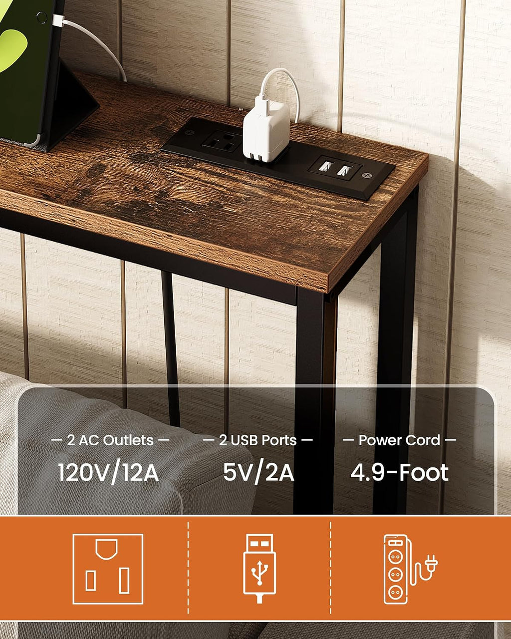 CHOEZON 78.7'' Narrow Console Table with Power Outlet 7.1" Skinny Sofa Table, Long Behind Couch Table with Charging Station, Entryway Table for Hallway, Living Room Rustic Brown and Black TXG20UBF
