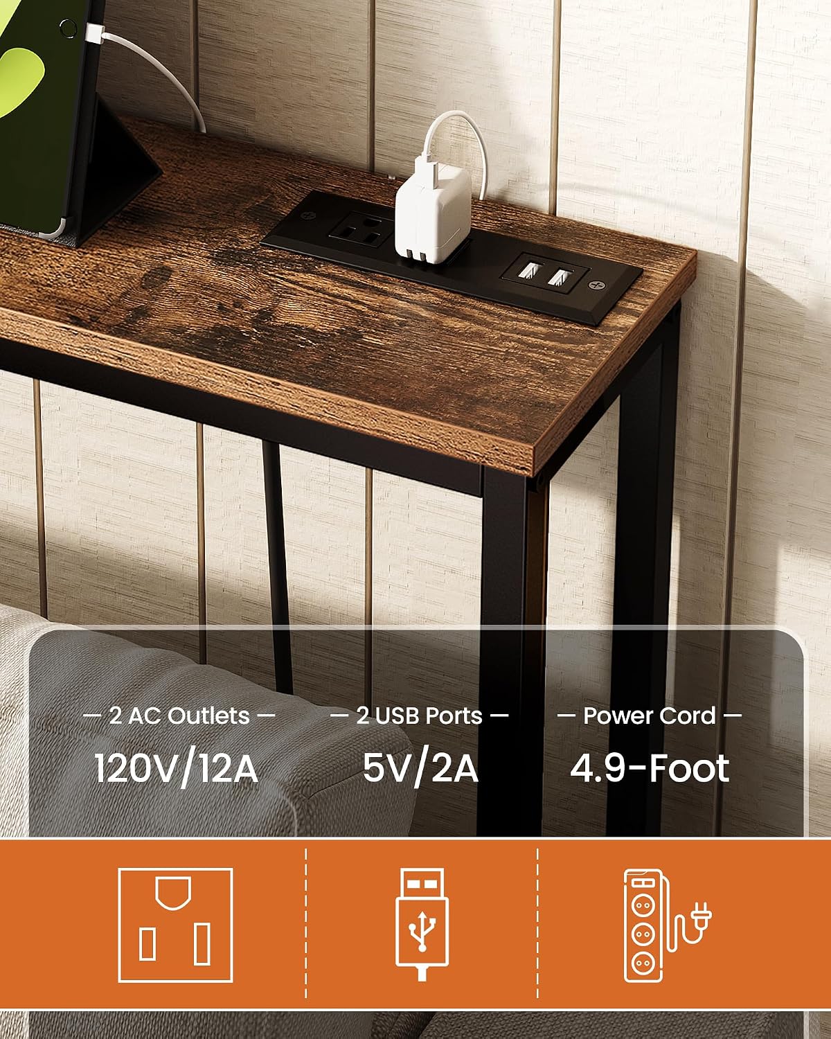CHOEZON 78.7'' Narrow Console Table with Power Outlet 7.1" Skinny Sofa Table, Long Behind Couch Table with Charging Station, Entryway Table for Hallway, Living Room Rustic Brown and Black TXG20UBF