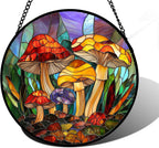 Stained Glass Window Hanging, Jungle Mushrooms Sun Catchers Diamond Glass Panel Hangings Plant Suncatcher Decor for Birthday for Women, Men, Wife, Aunt, and Mom 11.8x11.8 in