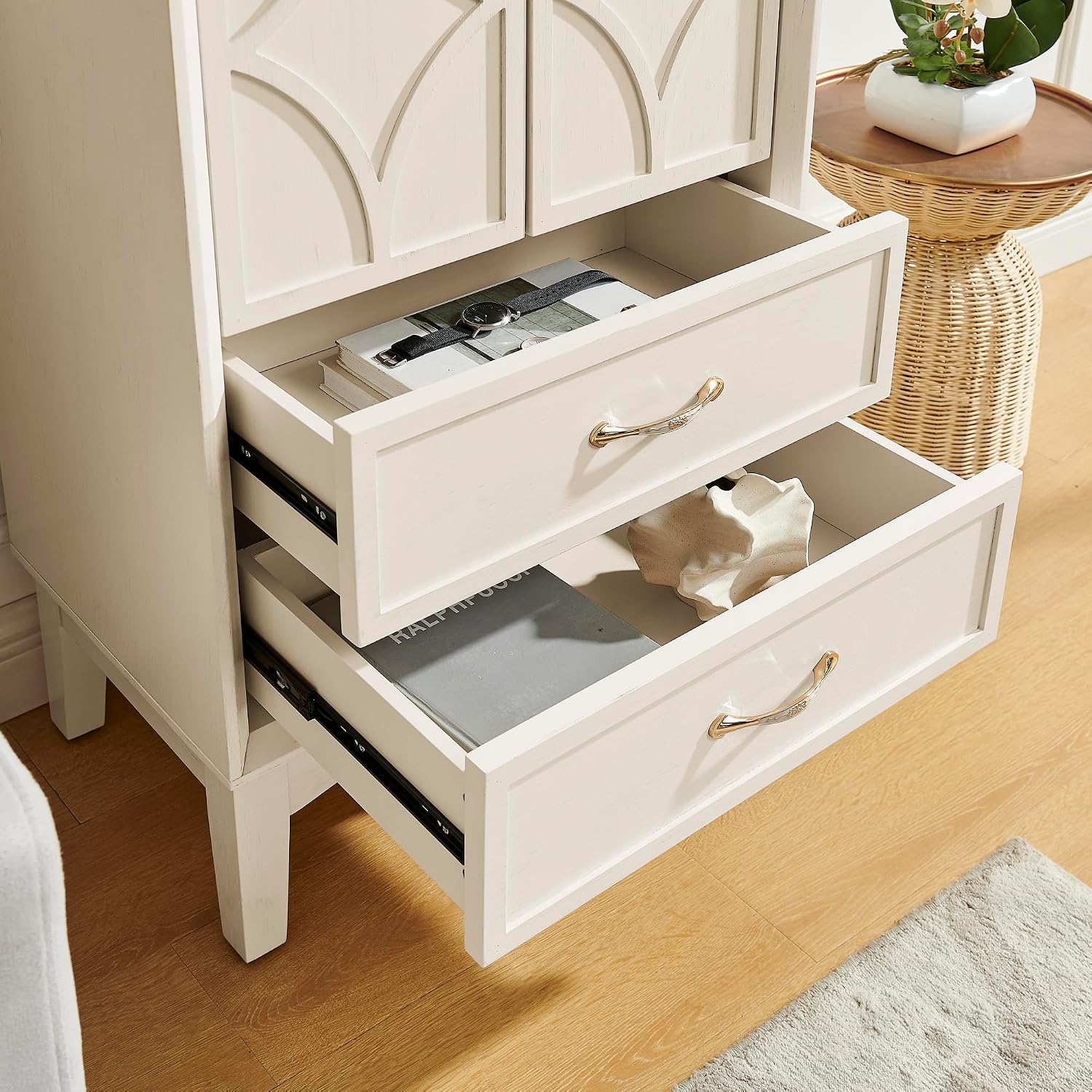 MERITLINE 53.5" Tall Kitchen Pantry Cabinet with Doors & Drawers, Mid Century Modern Sideboard Buffet Storage for Living Room, Entryway, Hallway & Garage (Antique White)