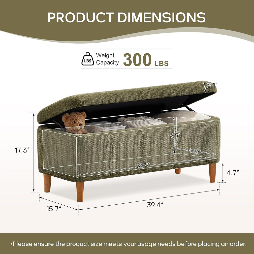 39.4”Ottoman with Storage,Upholstered Comfy Storage Bench Ottoman with Wooden Legs,End of Bed Bench Footstool for Hallway Entryway Bedroom Living Room Green