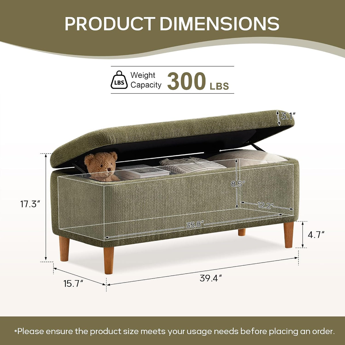 39.4”Ottoman with Storage,Upholstered Comfy Storage Bench Ottoman with Wooden Legs,End of Bed Bench Footstool for Hallway Entryway Bedroom Living Room Green
