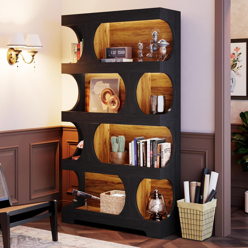 Tribesigns 71" Tall Bookcase, 4-Tier S-Shaped Bookshelf, Wood Decorative Storage Shelving, Modern Freestanding Display Shelves, Large Library Book Shelf Unit for Home Office Living Room, Black & Brown