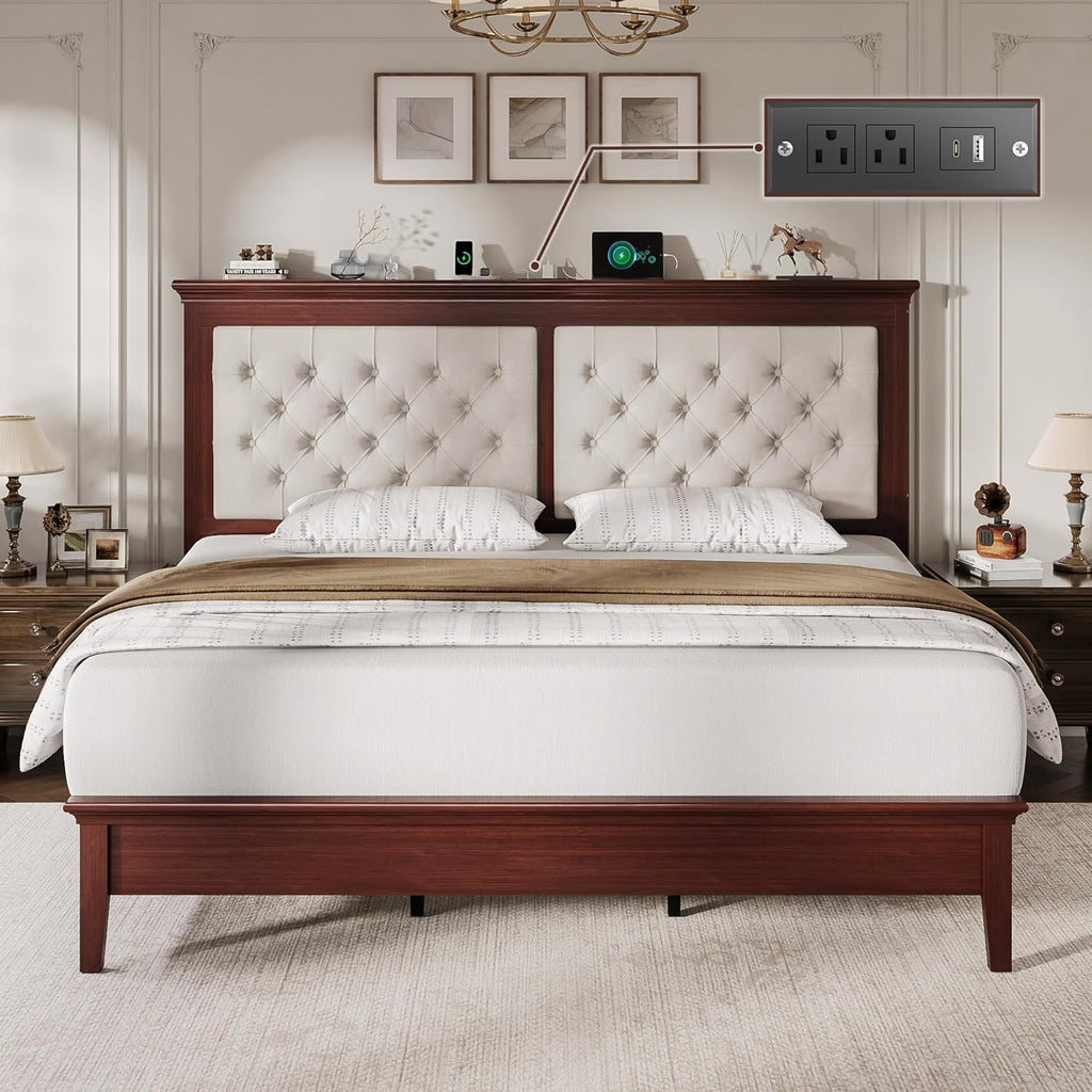 Lifezone Solid Wood King Bed Frame 46” Tall Diamond-Tufted Upholstered Headboard, American Classic Flat-Top Bed, Stable Structure, Wood Slats Support, Noise-Free, No Box Spring Needed,Reddish Brown