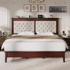 Lifezone Solid Wood King Bed Frame 46” Tall Diamond-Tufted Upholstered Headboard, American Classic Flat-Top Bed, Stable Structure, Wood Slats Support, Noise-Free, No Box Spring Needed,Reddish Brown