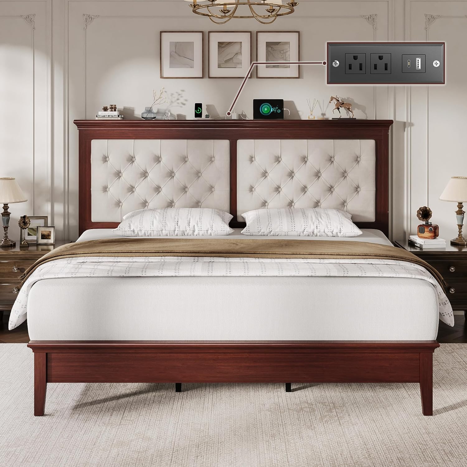 Lifezone Solid Wood King Bed Frame 46” Tall Diamond-Tufted Upholstered Headboard, American Classic Flat-Top Bed, Stable Structure, Wood Slats Support, Noise-Free, No Box Spring Needed,Reddish Brown