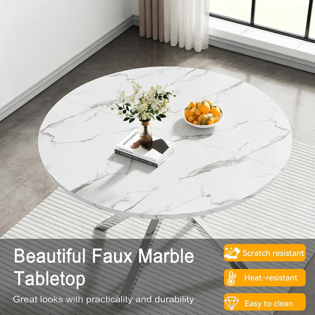 Modern Round Dining Table for 4 to 6, 47 inch Circle Dining Table with White Faux Marble Top & Silver Stainless Steel X Base, Round Dining Room Table for Kitchen Dining Room Small Space