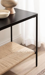 Kate and Laurel Mandell Modern Rectangle Mango Wood and Woven Cord Side Table, 22 x 14 x 22, Black and Natural Cord, Rectangular End Table for Use as Bedroom Nightstand or Living Room Decor Accent